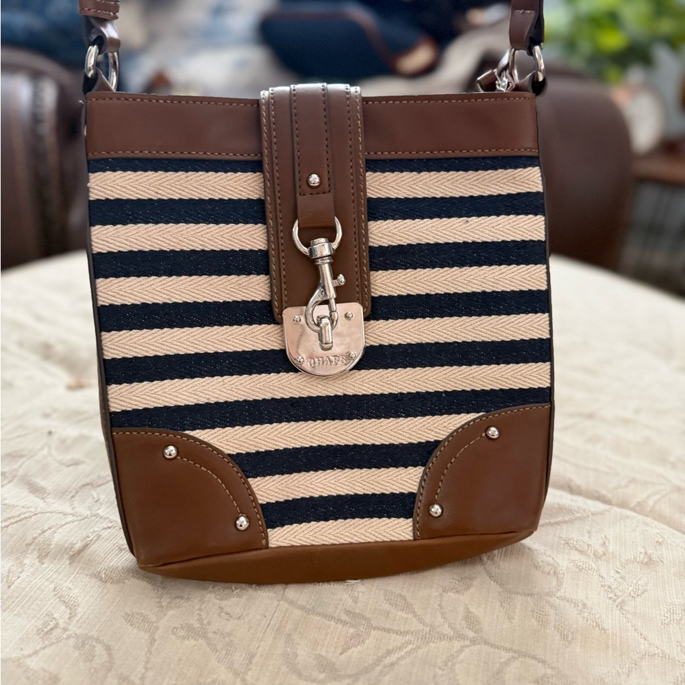 Chaps Navy and Tan Striped Crossbody Bag